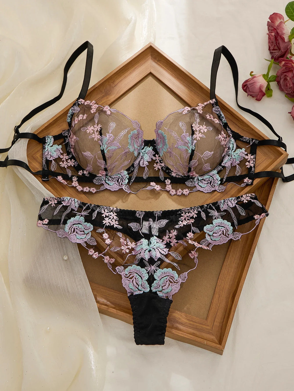 Sweet Pastel Pink Embroidered Ladies' Bra