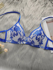 Women's Sexy Blue Retro Embroidered Lace Bra