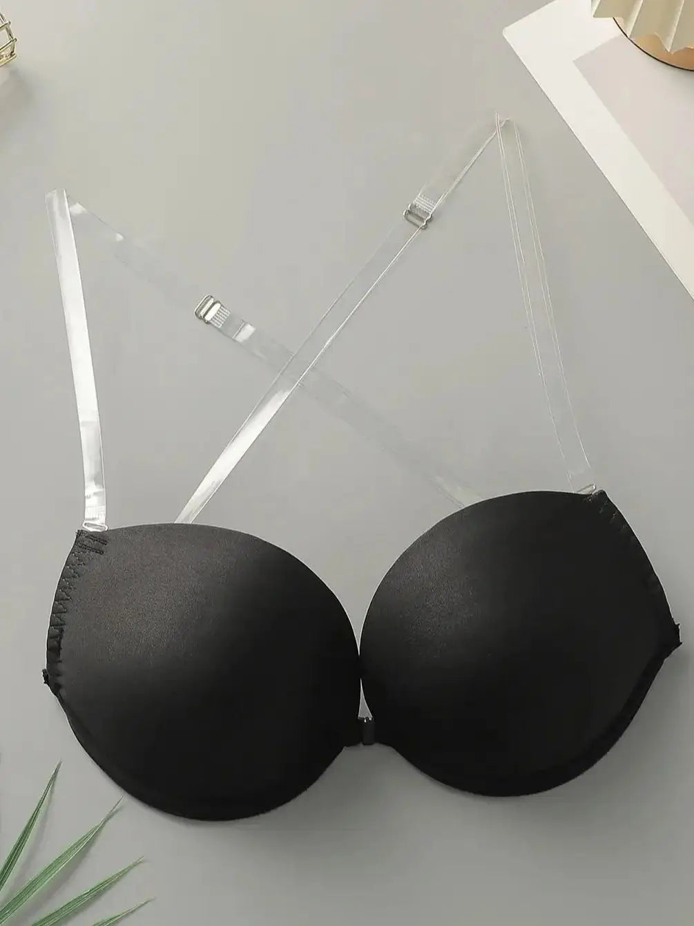 Women's Transparent Strap Underwire Front Closure Black Bra