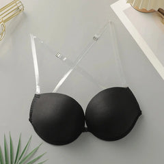 Women's Transparent Strap Underwire Front Closure Black Bra