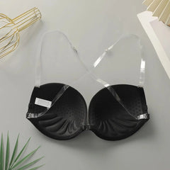 Women's Transparent Strap Underwire Front Closure Black Bra