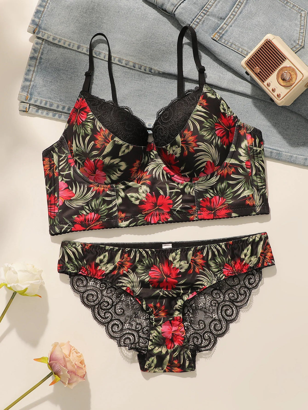 Women's sexy embroidered flower lingerie