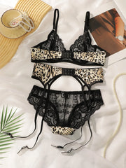 Women's sexy embroidered lace set three piece leopard print fun breathable Thong