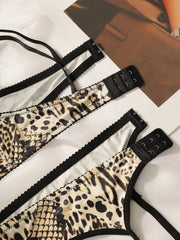 Women's sexy embroidered lace set three piece leopard print fun breathable Thong