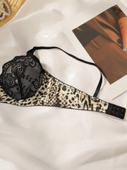 Women's sexy embroidered lace set three piece leopard print fun breathable Thong