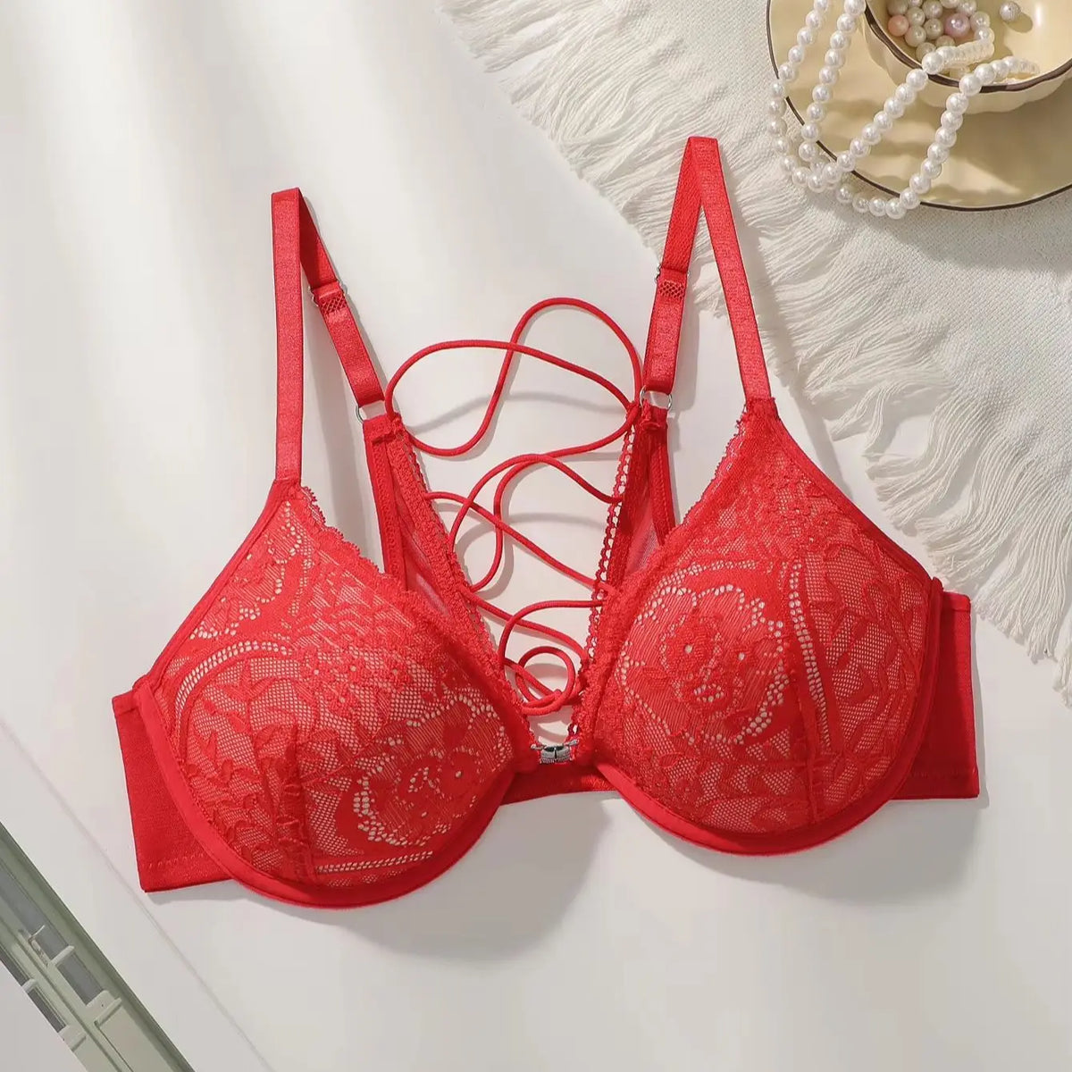 Womens Red Lace Front Closure Psuh Up Bra