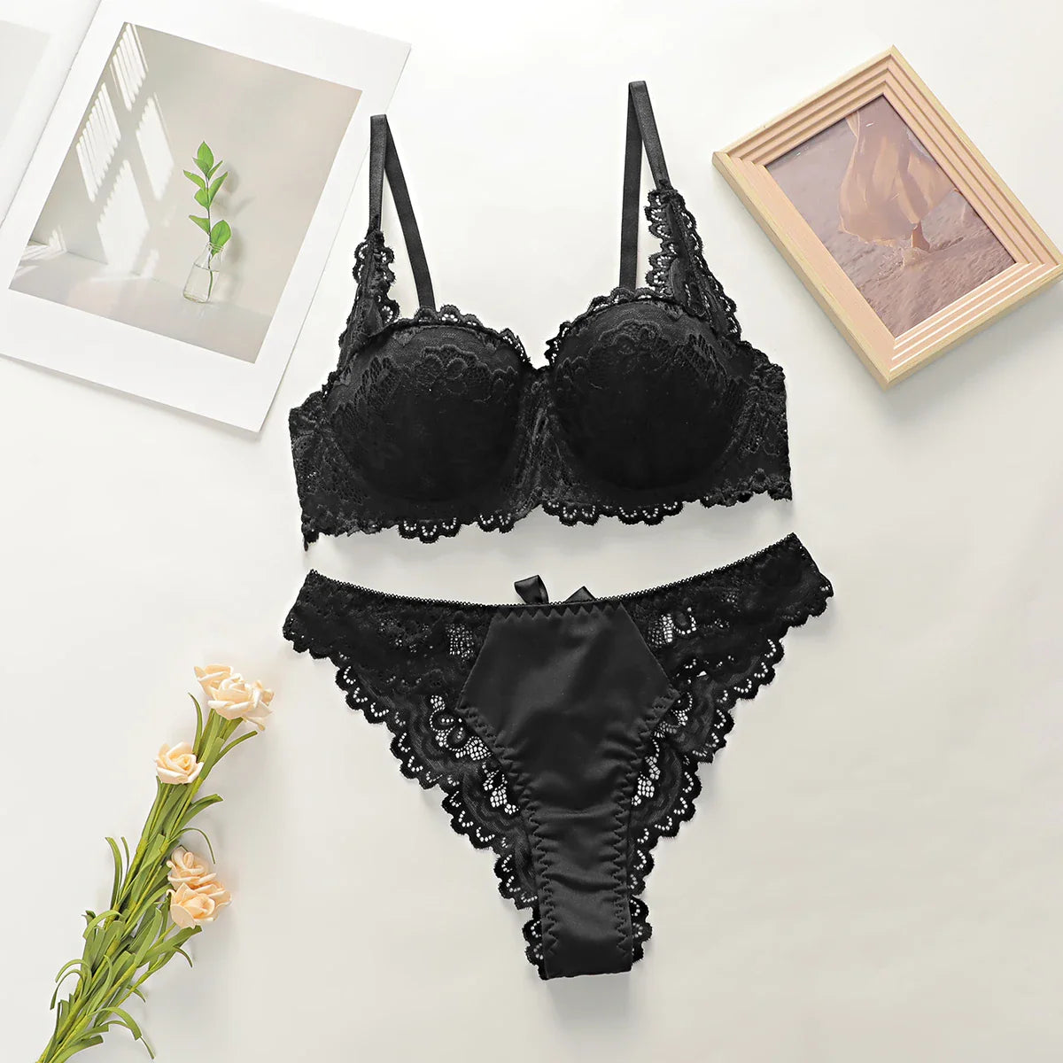 Black bow lace Thong